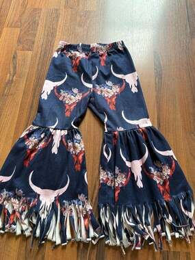 Girls Western Floral Cow Skull Print Ruffle Flare Pants with Fringe Bottom Size